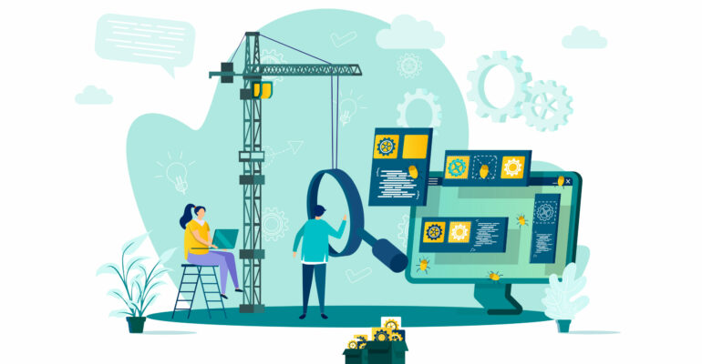 Software testing concept in flat style. Engineer debugging web application scene. Software testing and quality assurance, search of bugs banner. Vector illustration with people characters in situation