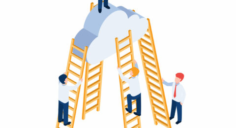 Isometric businessman standing on the cloud and look around