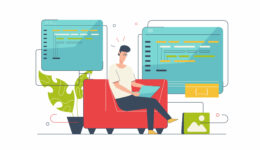 Programming software concept with people scene in flat cartoon design. Man developer creates programs and works with code, tests and optimizes. Vector illustration with character situation for web