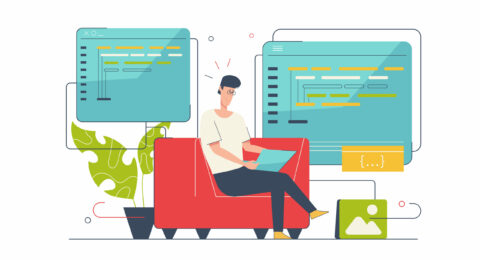 Programming software concept with people scene in flat cartoon design. Man developer creates programs and works with code, tests and optimizes. Vector illustration with character situation for web