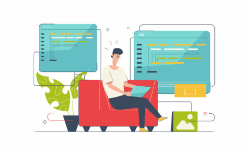 Programming software concept with people scene in flat cartoon design. Man developer creates programs and works with code, tests and optimizes. Vector illustration with character situation for web